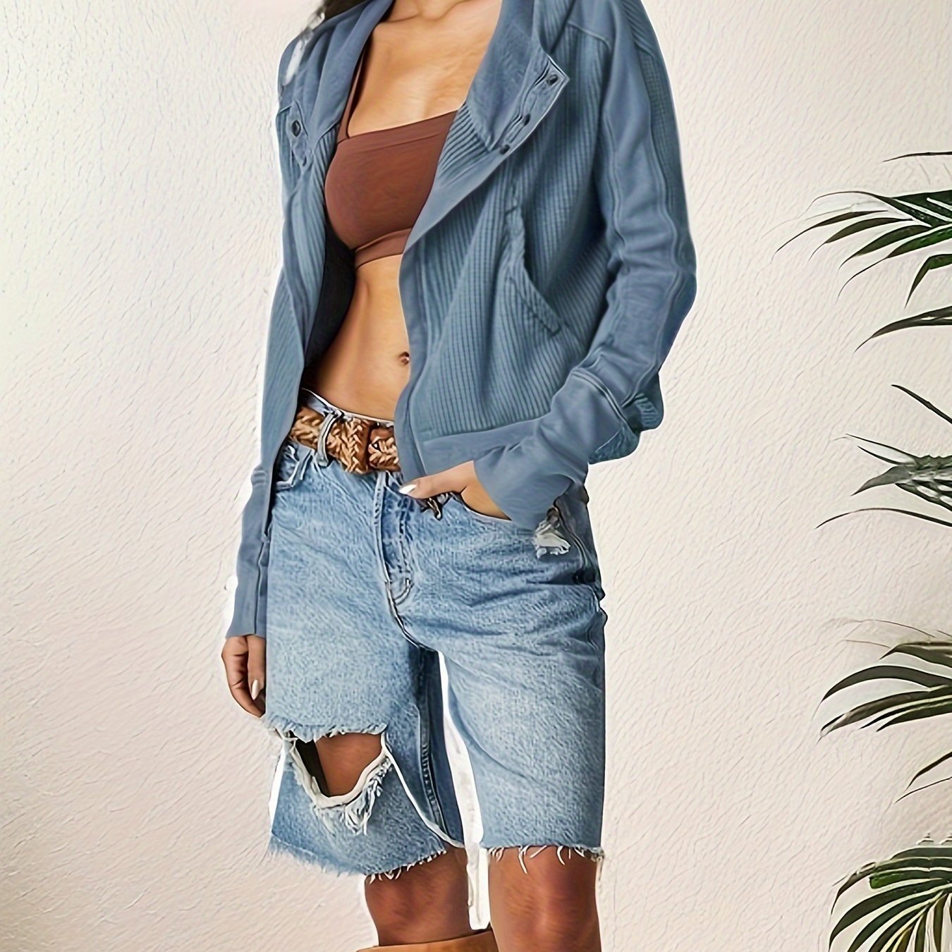 Zip-up Panel Textured Hoodie, Casual Long Sleeve Slant Pockets Jacket, Women's Clothing