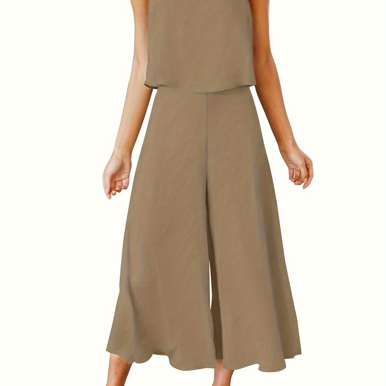 Casual Solid Two-piece Set, Crew Neck Tank Top & Wide Leg Pants Outfits, Women's Clothing