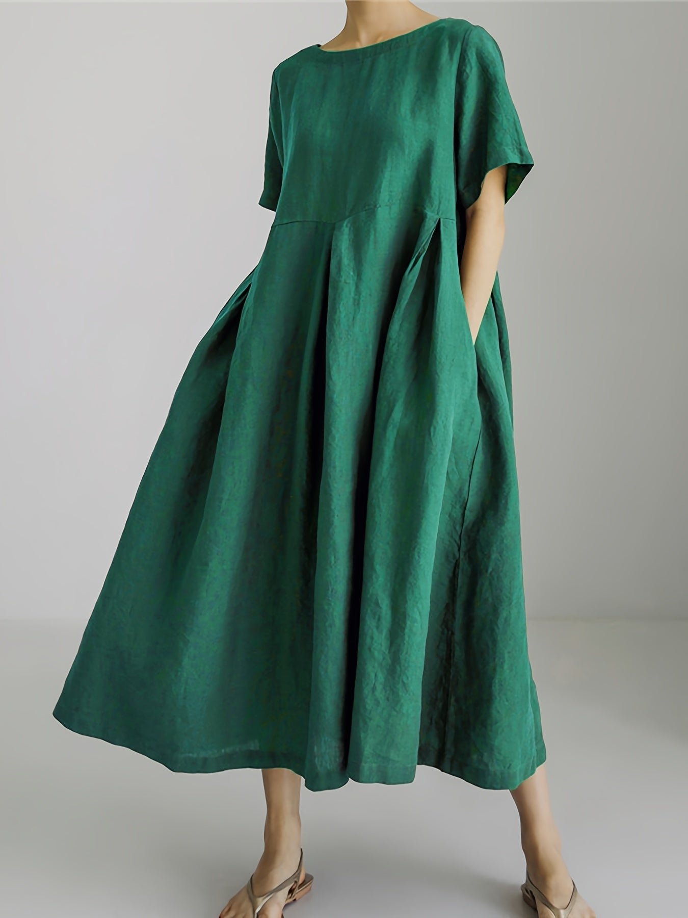 Solid Color Crew Neck Loose Dress, Elegant Short Sleeve Simple Dress For Spring & Summer, Women's Clothing