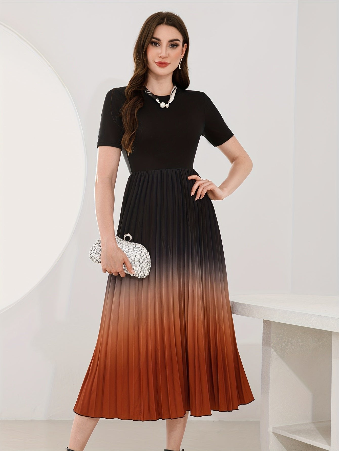Ombre Crew Neck Pleated Dress, Elegant Short Sleeve A-line Swing Dress For Spring & Summer, Women's Clothing