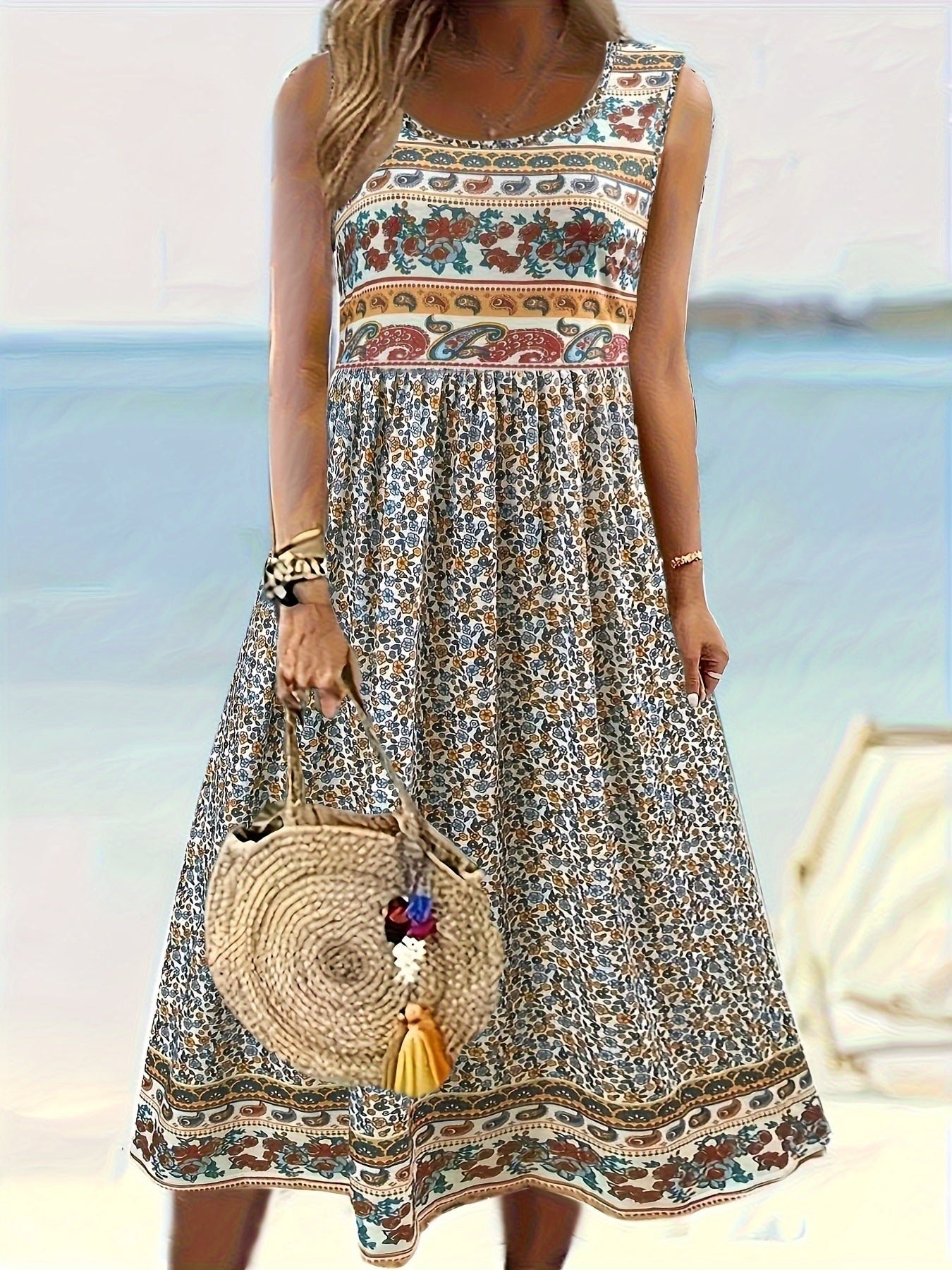 Floral Print Crew Neck A-line Dress, Casual Sleeveless Tank Dress For Spring & Summer, Women's Clothing
