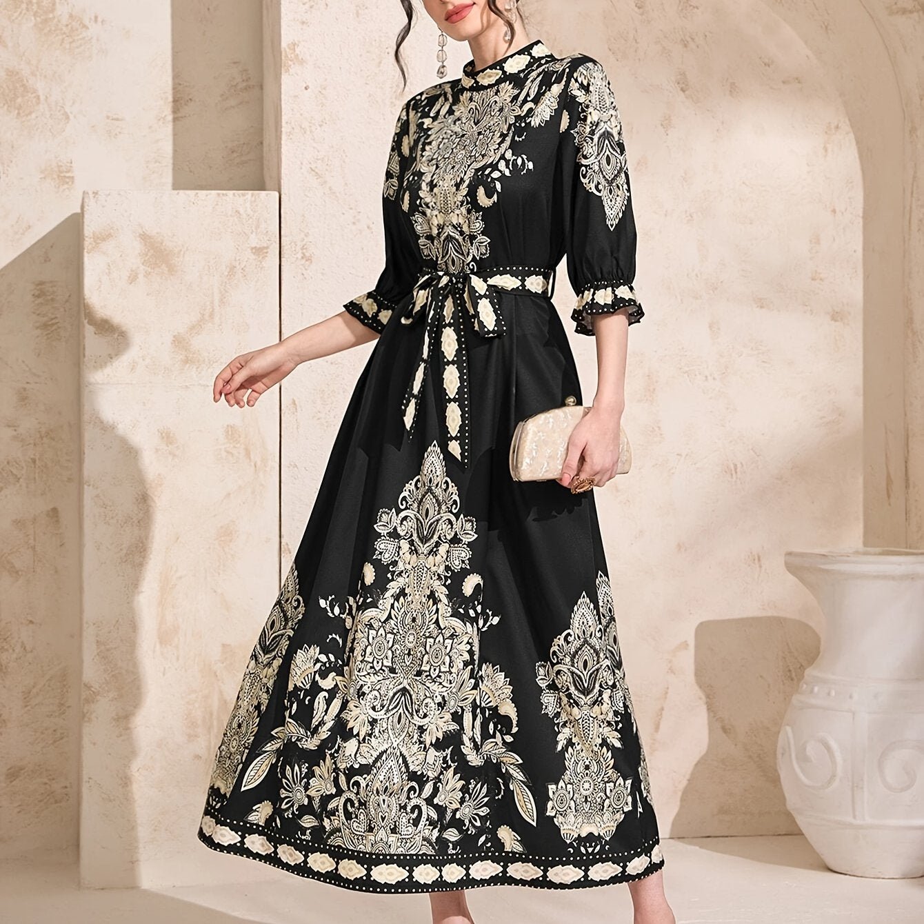 Paisley Print Crew Neck Dress, Elegant Tie Waist Ankle Length Half Sleeve Dress For Spring & Summer, Women's Clothing