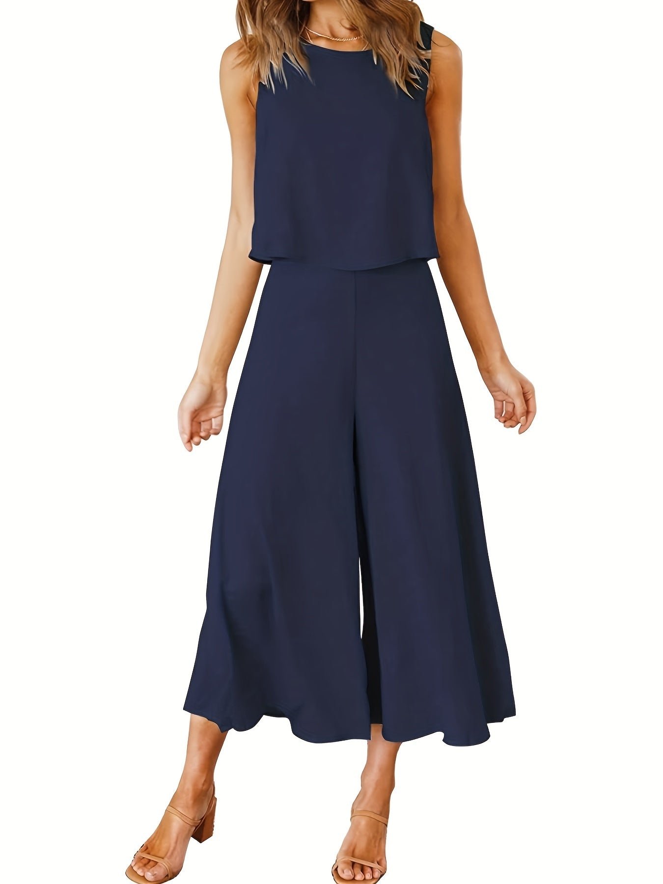 Casual Solid Two-piece Set, Crew Neck Tank Top & Wide Leg Pants Outfits, Women's Clothing