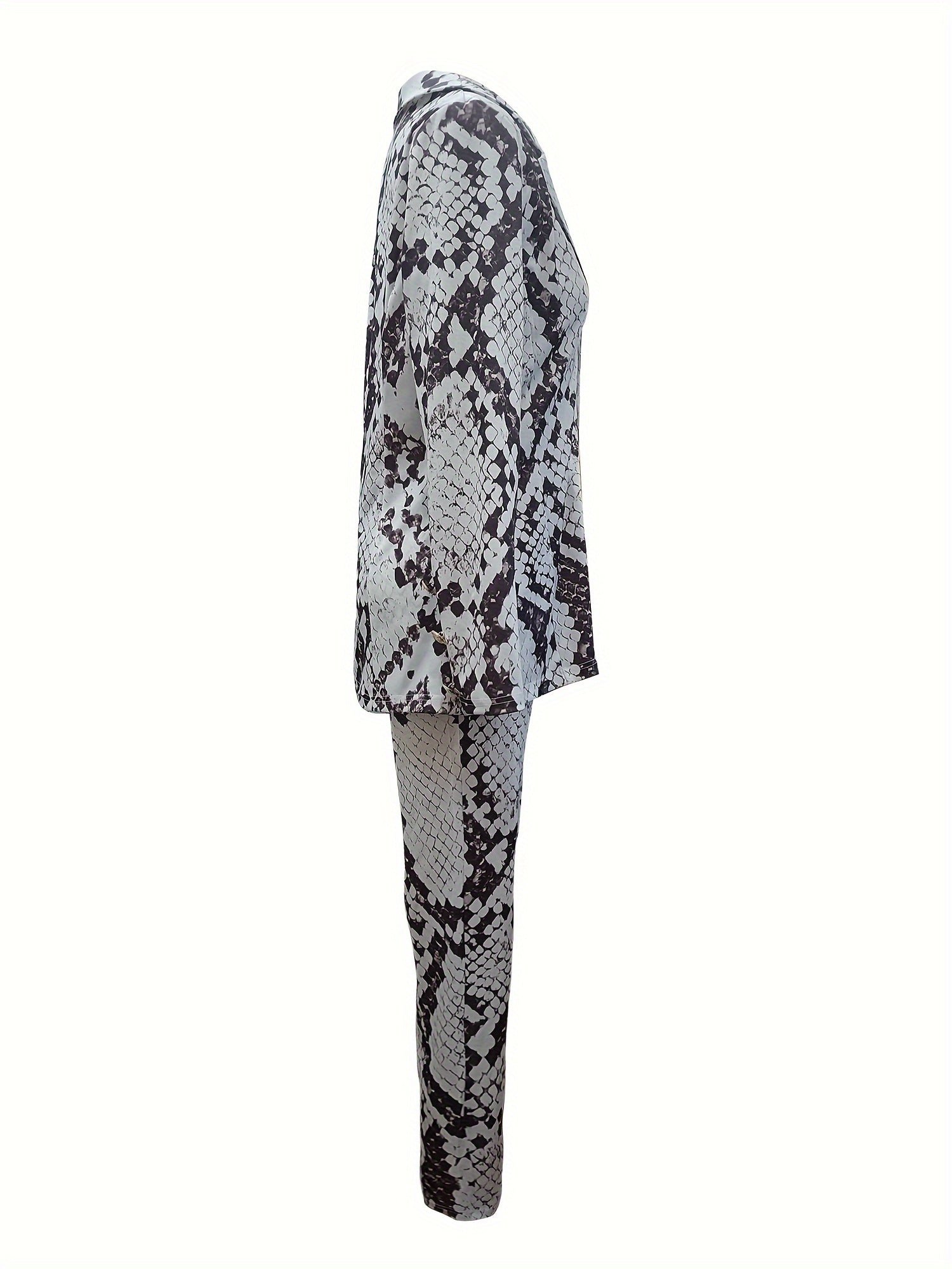 Snake Skin Print Two-piece Set, Single Breasted Lapel Blazer & Straight Leg Pants Outfits, Women's Clothing