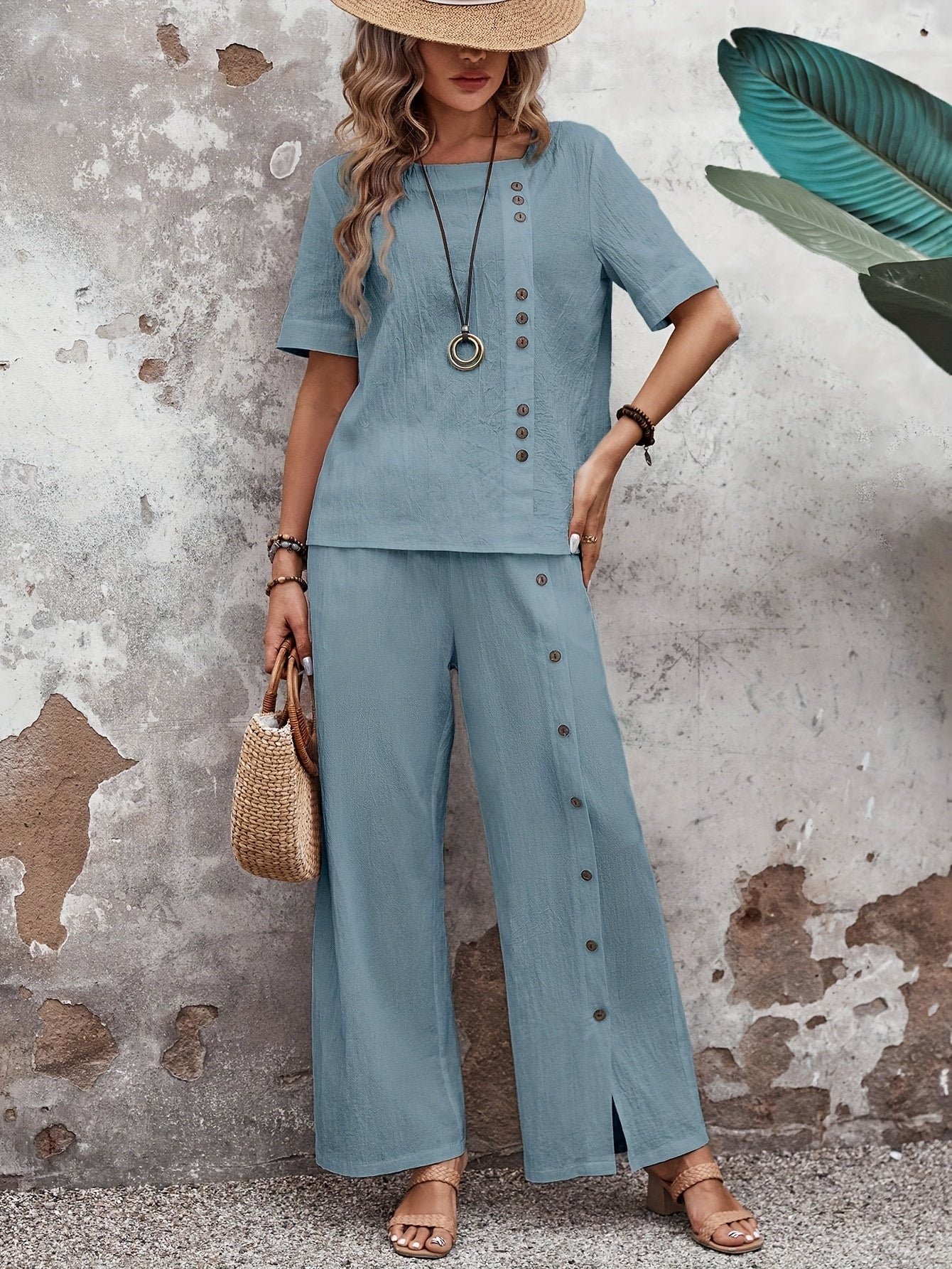Button Decor Casual Pants Set, Short Sleeve Top & Split Hem Pants Outfits For Spring & Summer, Women's Clothing