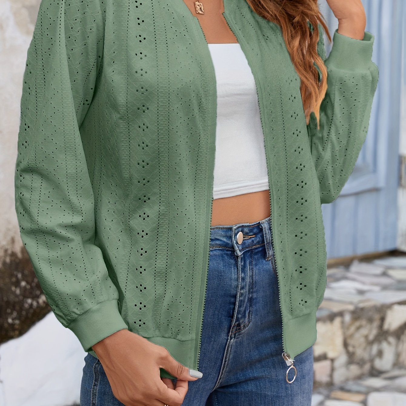 Eyelet Zip Up Bomber Jacket, Casual Long Sleeve Versatile Outerwear, Women's Clothing