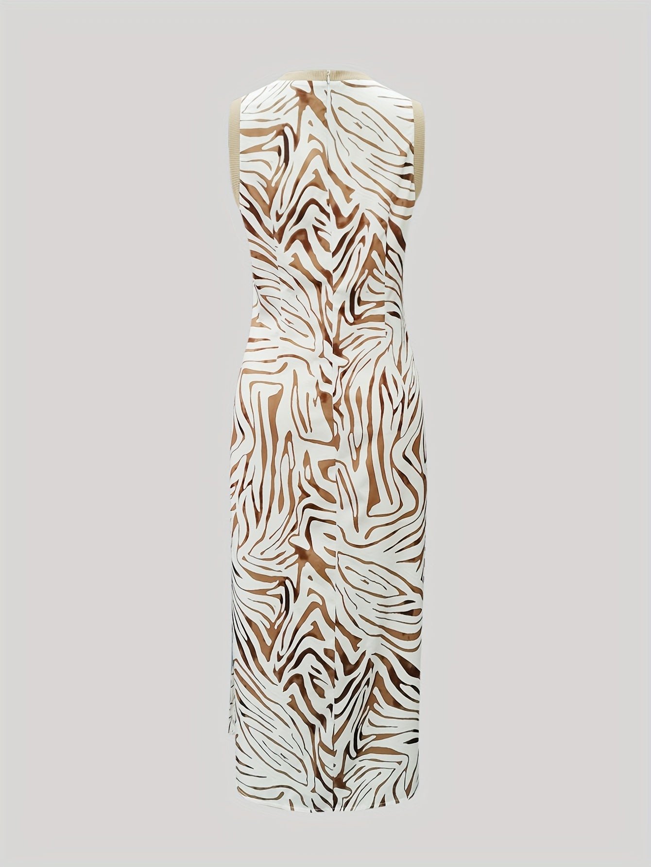 Zebra Print Contrast Trim Dress, Casual Crew Neck Sleeveless Split Dress For Spring & Summer, Women's Clothing