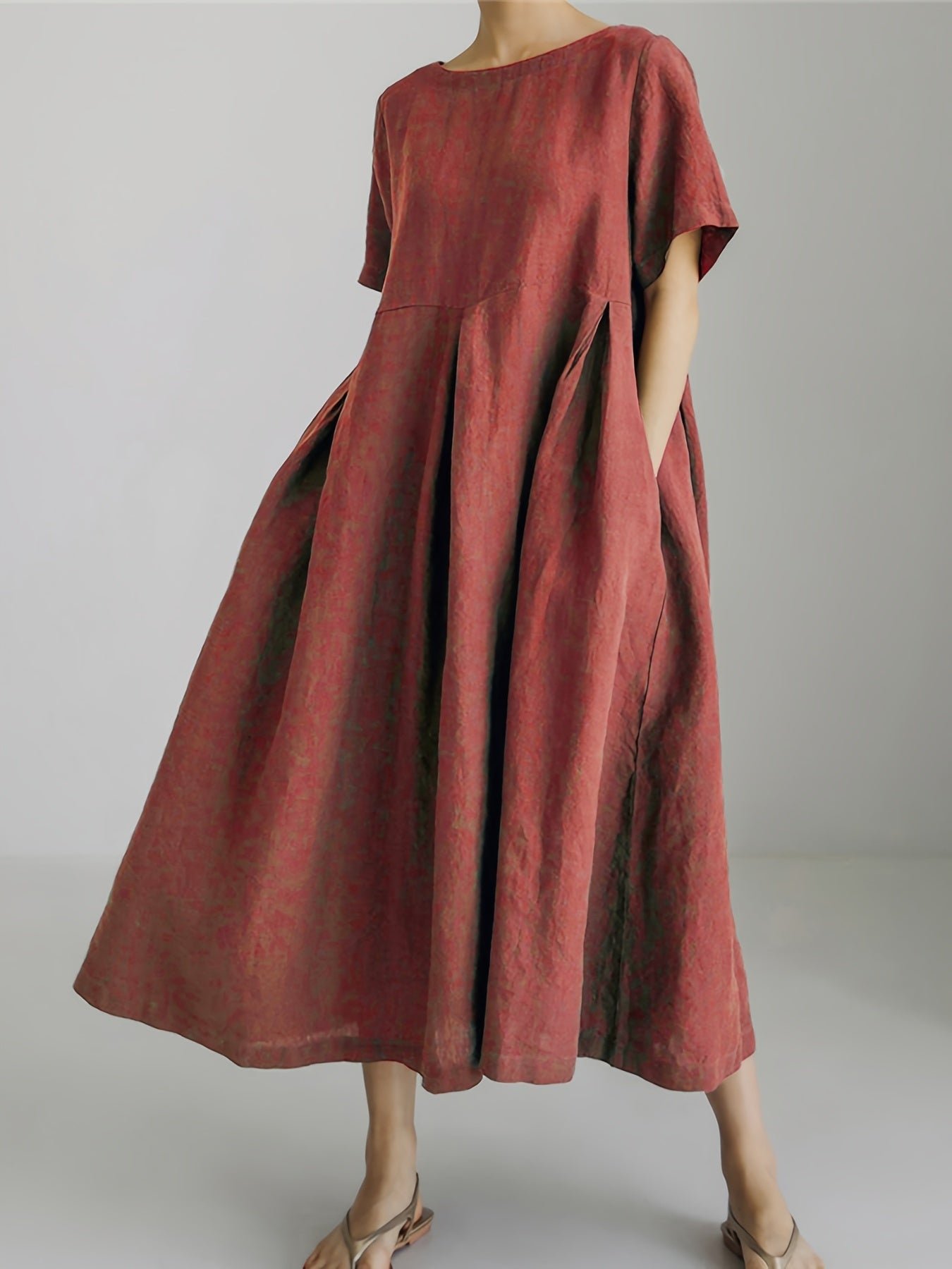 Solid Color Crew Neck Loose Dress, Elegant Short Sleeve Simple Dress For Spring & Summer, Women's Clothing