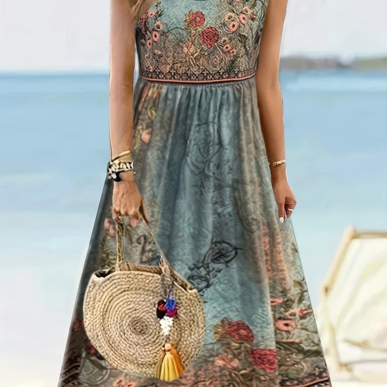 Floral Print Crew Neck A-line Dress, Casual Sleeveless Tank Dress For Spring & Summer, Women's Clothing